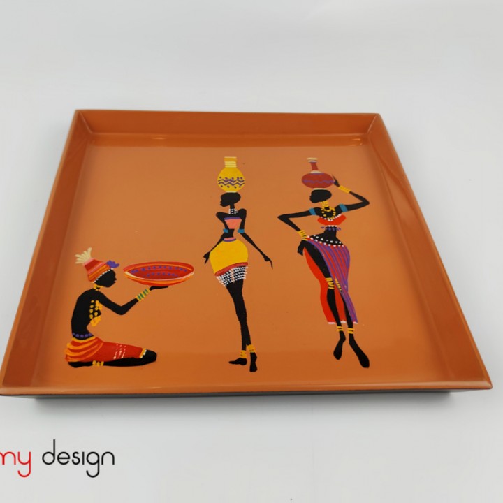 Small square lacquer tray hand-painted with 3 girls 22 cm